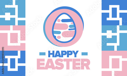 Happy Easter in April. Christian spring holiday in honor of the resurrection of Christ. Biblical history. Traditional dyeing eggs with patterns, fun game for children searching for easter eggs. Vector
