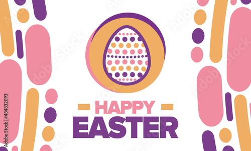 Happy Easter in April. Christian spring holiday in honor of the resurrection of Christ. Biblical history. Traditional dyeing eggs with patterns, fun game for children searching for easter eggs. Vector