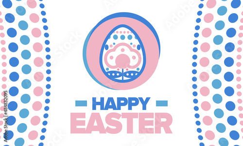 Happy Easter in April. Christian spring holiday in honor of the resurrection of Christ. Biblical history. Traditional dyeing eggs with patterns, fun game for children searching for easter eggs. Vector