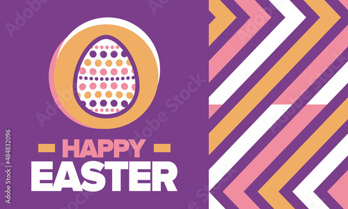 Happy Easter in April. Christian spring holiday in honor of the resurrection of Christ. Biblical history. Traditional dyeing eggs with patterns, fun game for children searching for easter eggs. Vector