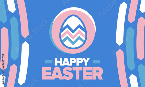 Happy Easter in April. Christian spring holiday in honor of the resurrection of Christ. Biblical history. Traditional dyeing eggs with patterns, fun game for children searching for easter eggs. Vector