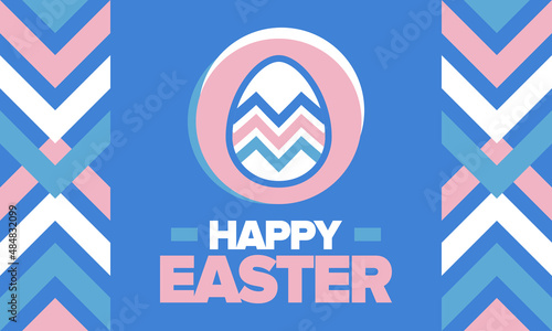 Happy Easter in April. Christian spring holiday in honor of the resurrection of Christ. Biblical history. Traditional dyeing eggs with patterns, fun game for children searching for easter eggs. Vector