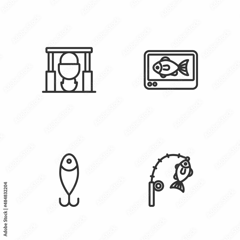Set line Fishing rod and fish, lure, Campfire pot and finder echo sounder icon. Vector Set line Fishing rod and fish, lure, Campfire pot and finder echo sounder icon. Vector