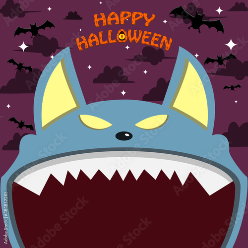 Halloween Character Design. With Wolf Character. Big Face and Open Mouth. In Grave field. Happy Halloween Theme.