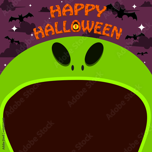 Halloween Character Design. With Alien Character. Big Face and Open Mouth. In Grave field.. Happy Halloween Theme.
