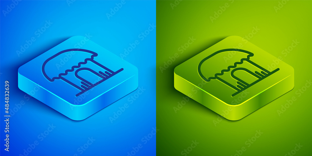Isometric line African hut icon isolated on blue and green background. African house symbol. Square button. Vector Isometric line African hut icon isolated on blue and green background. African house symbol. Square button. Vector