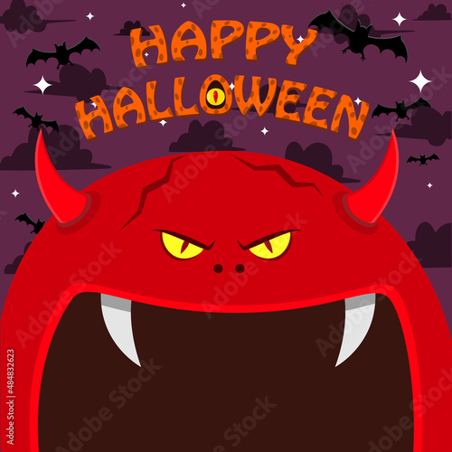 Halloween Character Design. With Devil Character. Big Face and Open Mouth. In Grave field. Happy Halloween Theme.