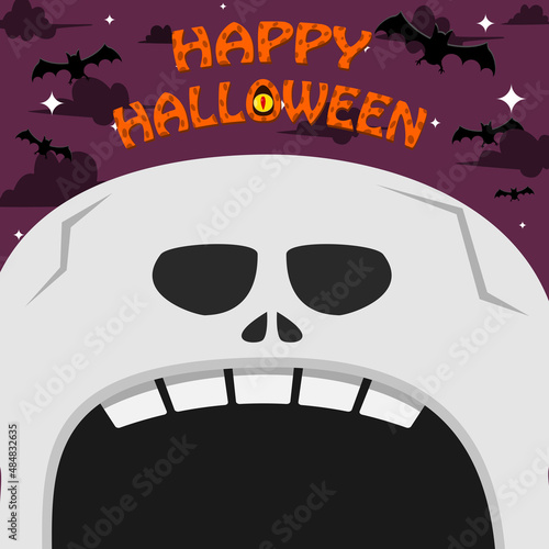 Halloween Character Design. With Skeleton Character. Big Face and Open Mouth. In Grave field. Happy Halloween Theme.