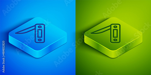 Isometric line Swiss army knife icon isolated on blue and green background. Multi-tool, multipurpose penknife. Multifunctional tool. Square button. Vector
