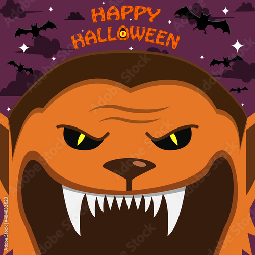 Halloween Character Design. With Wolf Man Character. Big Face and Open Mouth. In Grave field. Happy Halloween Theme.