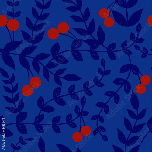 Vector seamless pattern with plant elements on a dark blue background. Ornament from leaves, branches, lianas and berries. Delicate composition in blue and red colors. Burgundy berries on a branch.