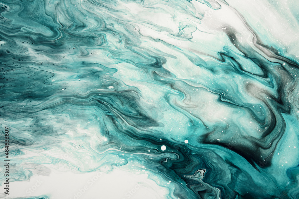 Fluid Art. Liquid transparent white and turquoise abstract paint drips and wave. Marble effect background or texture