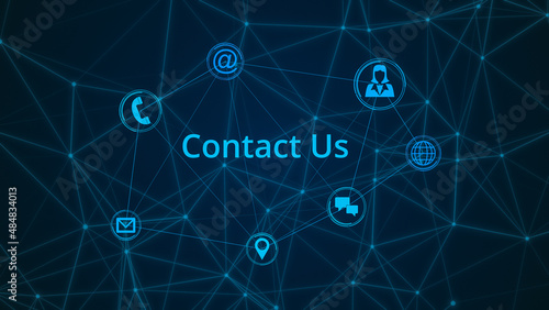 contact us illustration with icons, abstract network grid, concept of customer care support, help desk, call center (3d render)