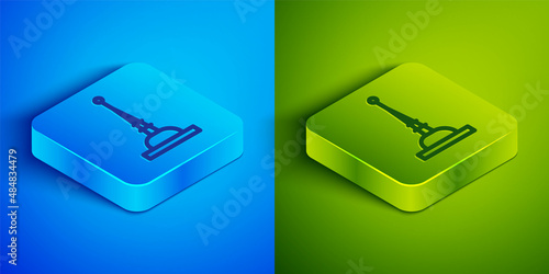 Isometric line Antenna icon isolated on blue and green background. Radio antenna wireless. Technology and network signal radio antenna. Square button. Vector