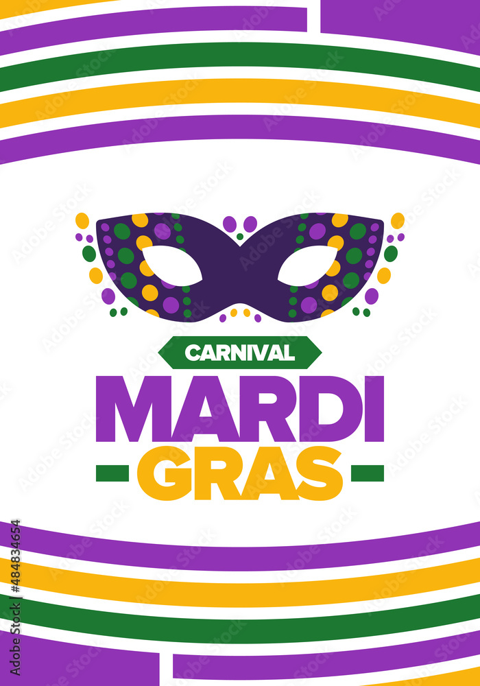 Mardi Gras Carnival in New Orleans. Fat Tuesday. Traditional folk festival with parade and celebration. Annual holiday. Costume masquerade, fun party. Carnival mask. Poster, card, banner. Vector Mardi Gras Carnival in New Orleans. Fat Tuesday. Traditional folk festival with parade and celebration. Annual holiday. Costume masquerade, fun party. Carnival mask. Poster, card, banner. Vector