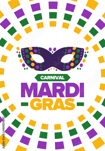 Mardi Gras Carnival in New Orleans. Fat Tuesday. Traditional folk festival with parade and celebration. Annual holiday. Costume masquerade  fun party. Carnival mask. Poster  card  banner. Vector