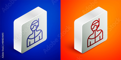 Isometric line Wetsuit for scuba diving icon isolated on blue and orange background. Diving underwater equipment. Silver square button. Vector