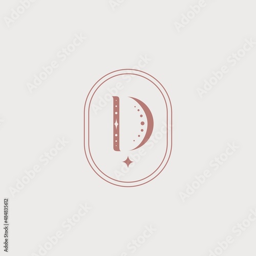 Minimalistic vector logo. Logo design with letter D and stars. Emblem for astrology, jewelry, magic, philosophy, psychology. Monogram in nude shades.