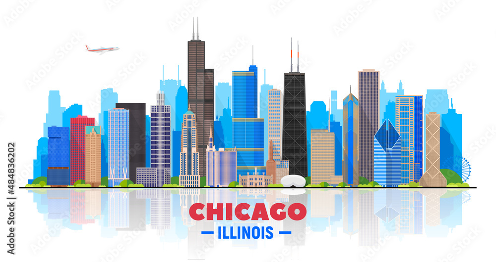 Fototapeta premium Chicago skyline on a white background. Flat vector illustration. Business travel and tourism concept with modern buildings. Image for banner or website. 