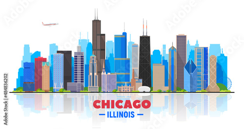 Chicago skyline on a white background. Flat vector illustration. Business travel and tourism concept with modern buildings. Image for banner or website. 