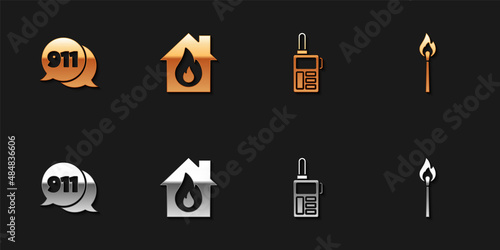 Set Telephone call 911, Fire in burning house, Walkie talkie and Burning match with fire icon. Vector
