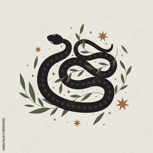 Magical black snake with magical plants on isolated background. Design element for postcard, poster, cover, packaging. Vector illustration.