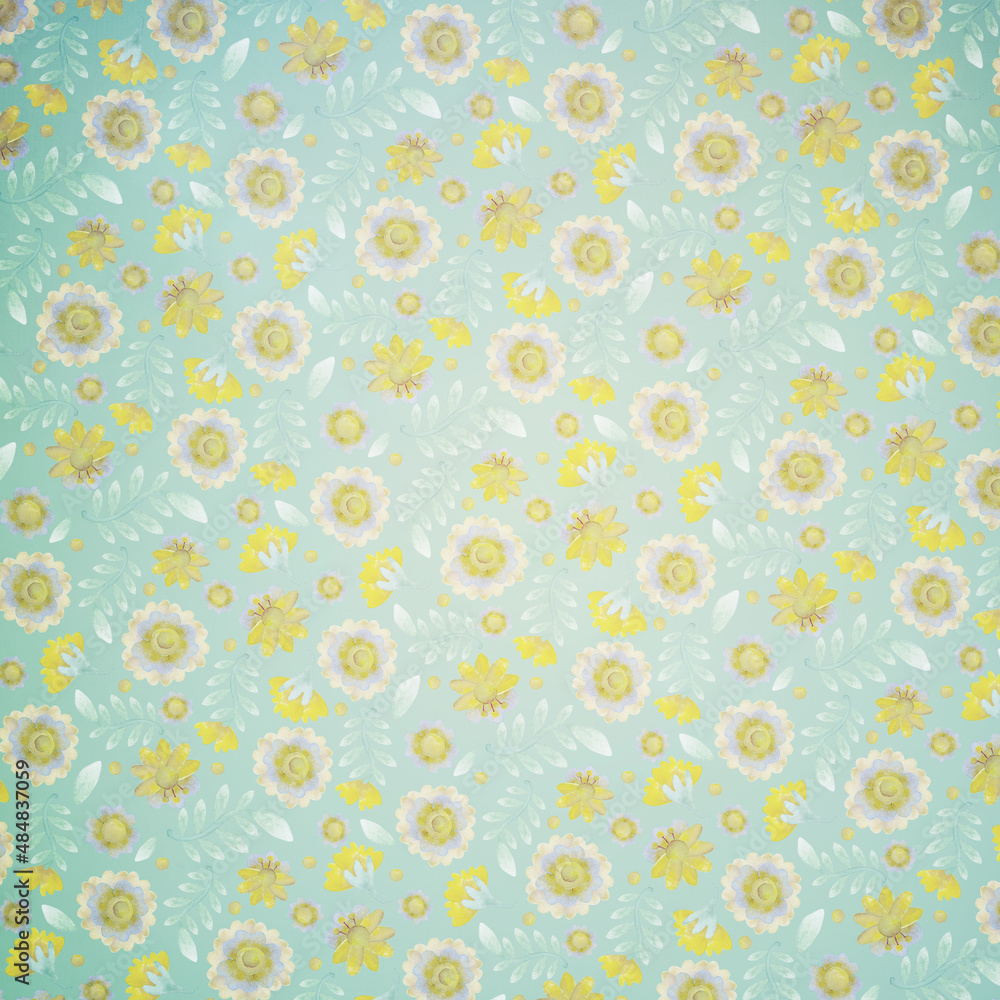 Light raster background. Yellow watercolor flowers on a turquoise background. Print for packaging, wrapping, cards, scrapbooking.