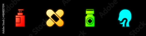 Set Hand sanitizer bottle, Crossed bandage plaster, Medicine pills and Sore throat icon. Vector