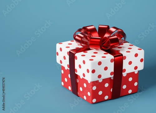 Gift box with red ribbons and bow on blue background. 3d render