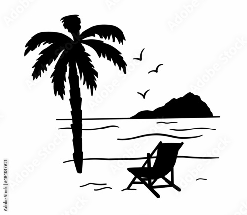 Black silhouette of sea coast with palm trees, chair and seagulls. Vacation on ocean, summer seaside resort. Vector illustration of isolated on white background