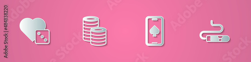 Set paper cut Game dice, Casino chips, Online poker table game and Cigar icon. Paper art style. Vector