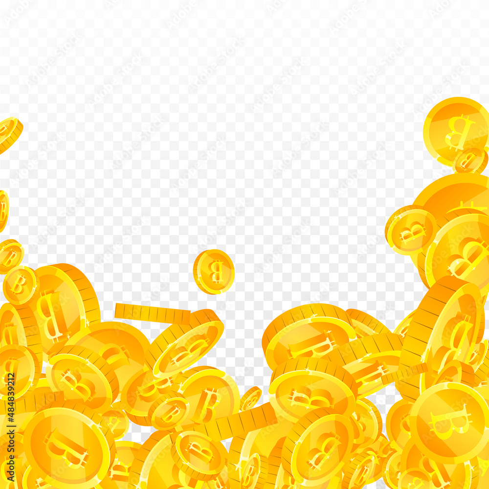 Bitcoin, internet currency coins falling. Decent scattered BTC coins. Cryptocurrency, digital money. Perfect jackpot, wealth or success concept. Vector illustration.