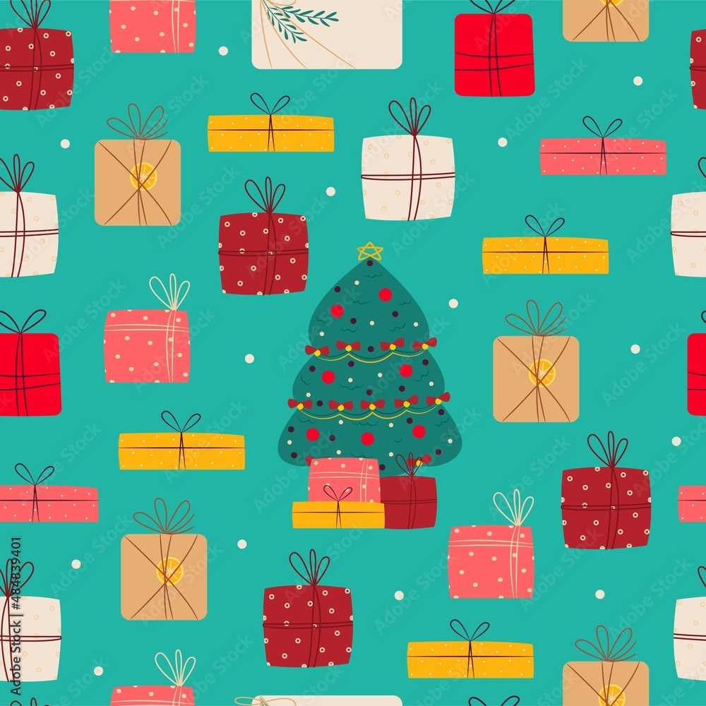 Gift boxes under the Christmas tree seamless pattern. Vector print flat cartoon style.