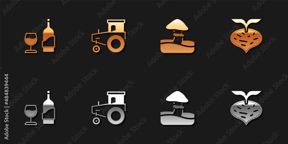 Set Wine bottle with glass, Tractor, Mushroom and Beet icon. Vector Set Wine bottle with glass, Tractor, Mushroom and Beet icon. Vector