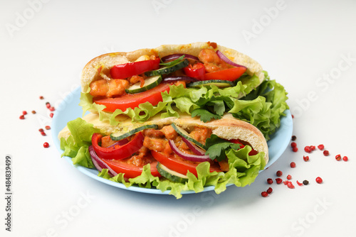 Concept of tasty food with pita with chicken, close up