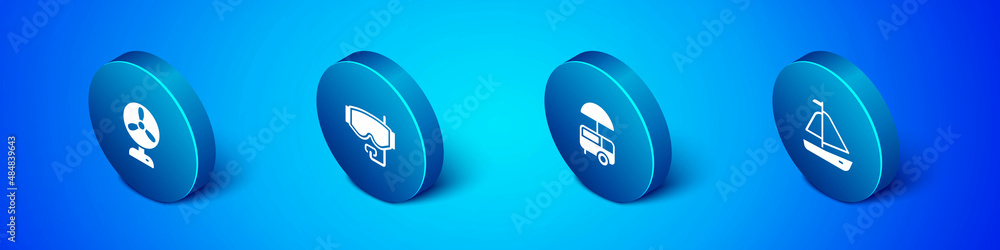 Set Isometric Electric fan, Fast street food cart, Yacht sailboat and Diving mask icon. Vector Set Isometric Electric fan, Fast street food cart, Yacht sailboat and Diving mask icon. Vector