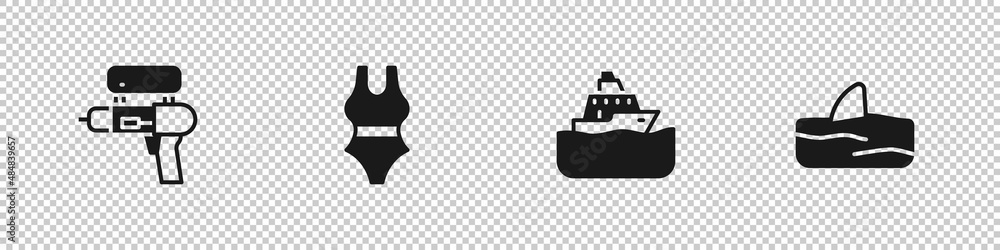 Set Water gun, Swimsuit, Cruise ship and Shark fin in ocean wave icon. Vector Set Water gun, Swimsuit, Cruise ship and Shark fin in ocean wave icon. Vector