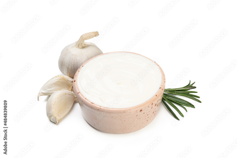 Garlic sauce and ingredients isolated on white background Garlic sauce and ingredients isolated on white background
