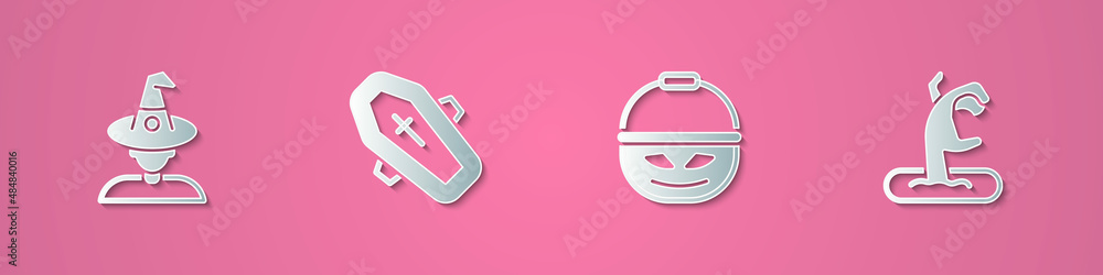 Set paper cut Witch, Coffin with cross, Pumpkin basket for sweets and Zombie hand icon. Paper art style. Vector Set paper cut Witch, Coffin with cross, Pumpkin basket for sweets and Zombie hand icon. Paper art style. Vector
