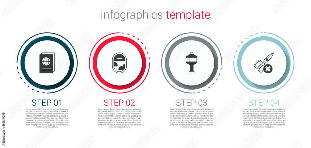 Set Passport, Airplane window, Airport control tower and No scissors. Business infographic template. Vector Set Passport, Airplane window, Airport control tower and No scissors. Business infographic template. Vector