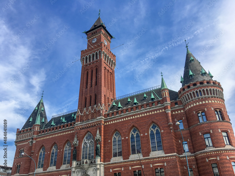 The red brick city hall of Helsingborg Sweden on a bright summer day