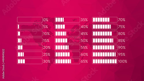 5 10 15 20 25 30 35 40 45 50 55 60 65 70 75 80 85 90 95 100 0 percent vector icons. World Map on triangle pattern. Poly background for web page, business, download progress, infographics, presentation