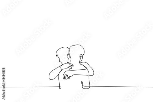 two men hugging - one line drawing vector. concept of emotional support, friendly hug, long-awaited meeting