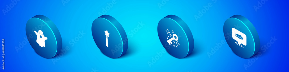 Set Isometric Ghost, Old magic key, Magic stone and wand icon. Vector Set Isometric Ghost, Old magic key, Magic stone and wand icon. Vector