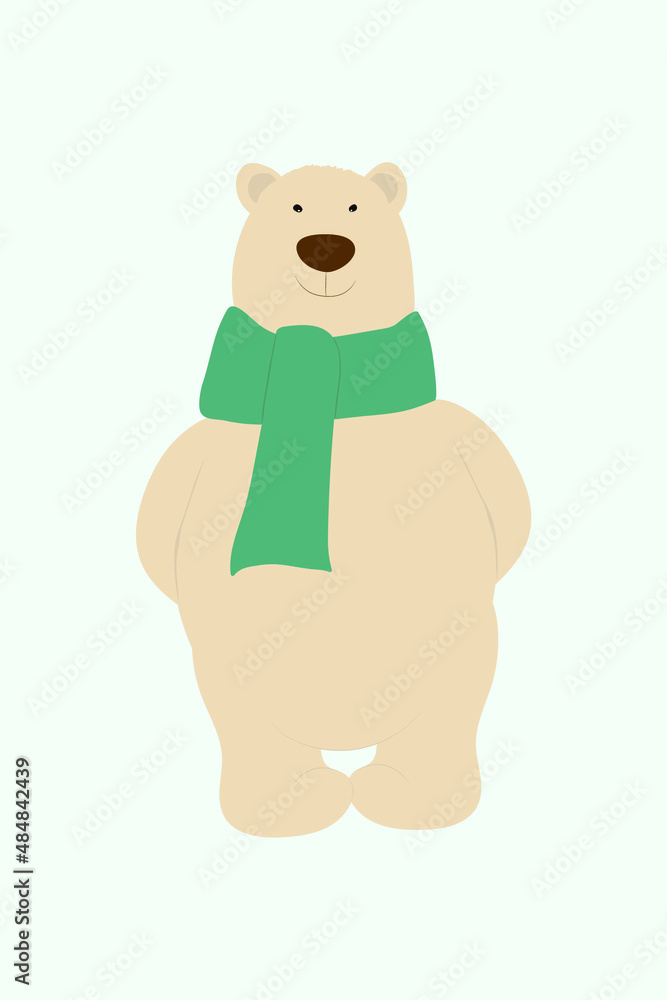 Polar bear isolated. Cartoon bear with scarf on a light blue background. Winter cartoon character