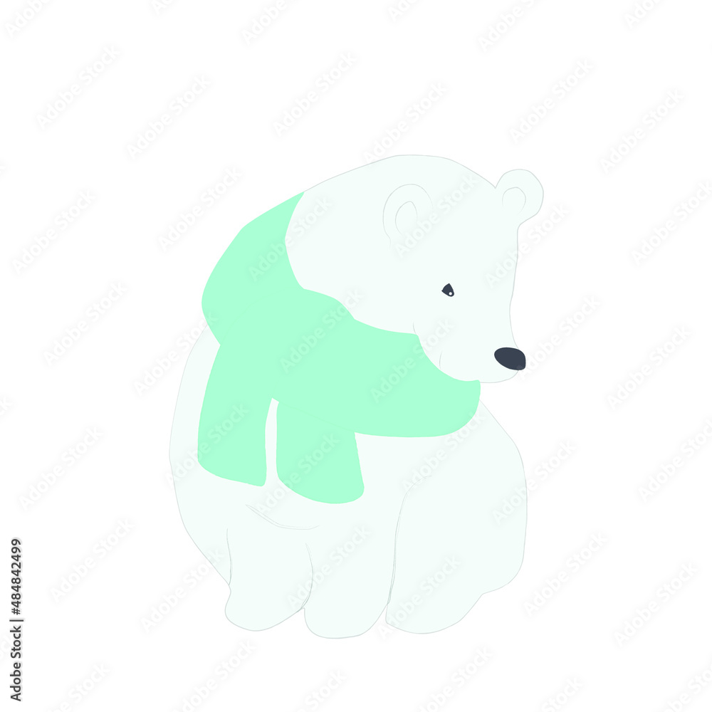 Vector illustration of polar bear in a turquoise scarf isolated. Sweet flat bear