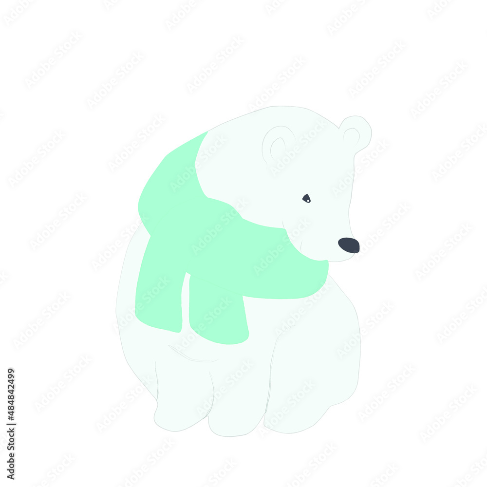 Vector illustration of polar bear in a turquoise scarf isolated. Sweet flat bear Vector illustration of polar bear in a turquoise scarf isolated. Sweet flat bear