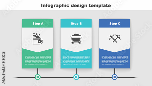 Set Conveyor belt carrying coal, Mine trolley and Pickaxe. Business infographic template. Vector