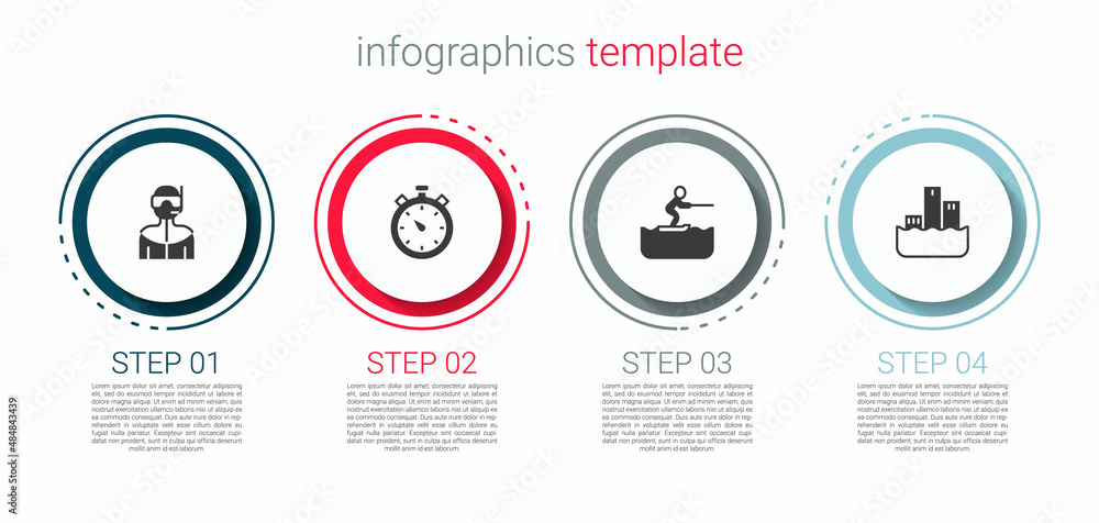 Set Wetsuit for scuba diving, Stopwatch, Water skiing man and Winner podium. Business infographic template. Vector Set Wetsuit for scuba diving, Stopwatch, Water skiing man and Winner podium. Business infographic template. Vector