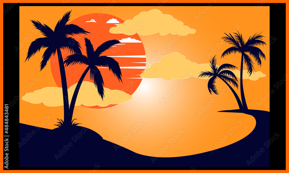 Summer Sunset Natural Illustrations Backgrounds Design illustration.
Background with digital illustration of the natural landscape.
Natural landscape with mountains, hills, trees, rivers, and Birds